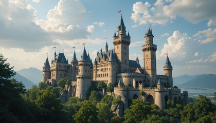 Fototapeta premium Majestic Castle Perched on Hilltop, Under a Cloudy Sky