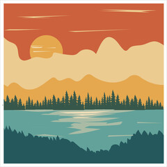 Retro Sunset Landscape with Pine Trees and Lake