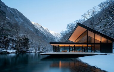 Fototapeta premium Modern cabin by tranquil lake, snow-capped mountains