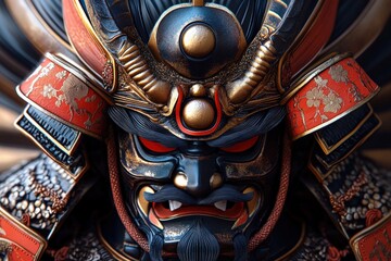 Fototapeta premium Close-up view of a striking samurai helmet design.