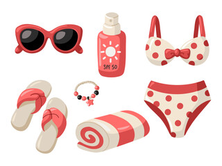 Cartoon vector set of beach fashion and travel essentials. Vector isolated illustration on white background.