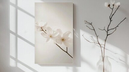 White wall with a rectangular canvas hanging on it. on the canvas, there is a photograph of three white flowers with yellow centers.