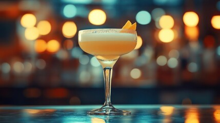 Elegant cocktail with citrus garnish, vibrant nightlife backdrop.