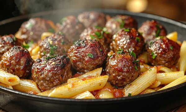 A sizzling skillet of pasta and meatballs garnished with herbs, served in a cozy restaurant setting