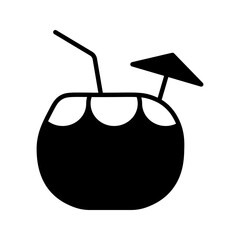 coconut icon, ripe coconut with straw and umbrella, suitable for drinking on the beach, summer, on white background