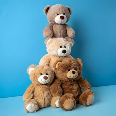 Obraz premium A cheerful stack of soft, plush bear toys arranged neatly against a calming blue background,
