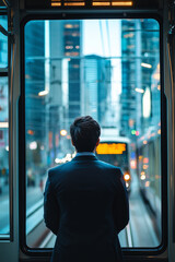 A tram moving through a busy downtown area. A man is standing near the window watching the city go by. The mood is quiet and observant