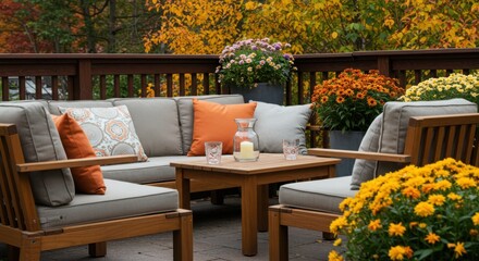 Outdoor patio furniture with fall foliage in the background