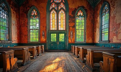 Abandoned chapel interior with stained glass, wooden pews, and vibrant sunlight filtering through - Powered by Adobe