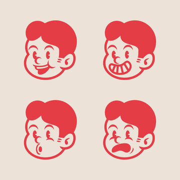 Set of 4 retro cartoon boy face expressions in bold red style. Vintage comic character icons with happy, silly, calm, and surprised emotions. Perfect for branding or sticker use.
