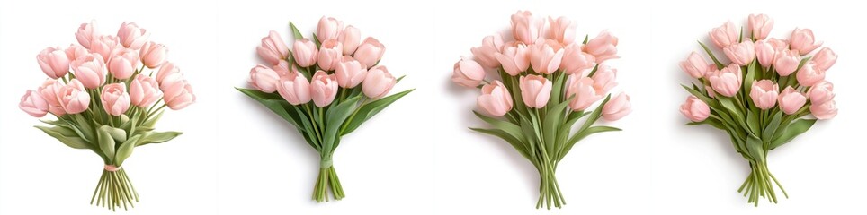 Fototapeta premium A bouquet of pink tulips, isolate on white background. Set.