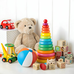 A colorful assortment of various toys, neatly arranged and isolated on a clean white background