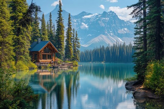 Serene cabin by a tranquil lake, nestled amidst majestic mountains - Powered by Adobe