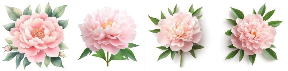 Fototapeta premium Pink peony with vibrant green leaves, isolate on white background. Set.