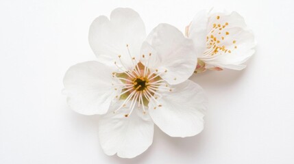 Close-up of two white flowers with yellow stamens. the flowers are in full bloom and appear to be a type of cherry blossom. the petals are delicate and have a soft, velvety texture.