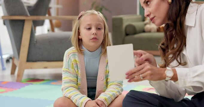 Cards, psychologist or woman in office, girl or ADHD with conversation, speech therapy or help with lisp. Mature person, language learning or child with questions, counseling evaluation or consulting