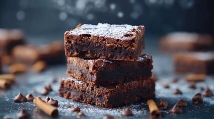 Delicious stacked brownies dusted with powdered sugar.