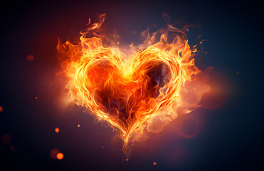 Burning flaming heart glowing in abstract artistic background symbolizing passion love fire emotion desire heat romantic expression