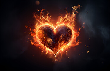 Burning flaming heart on vivid abstract glowing background showing intense love emotion passion fire heat vibrant light