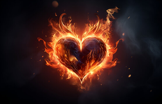 Burning flaming heart on vivid abstract glowing background showing intense love emotion passion fire heat vibrant light