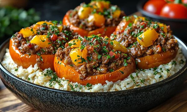 Delicious stuffed bell peppers filled with seasoned meat, served on a bed of rice, garnished with herbs