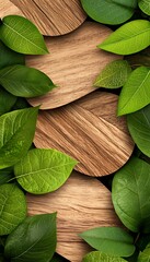 Natural wood circles framed by vibrant green leaves