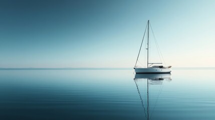 Fototapeta premium A serene sailboat floats peacefully on calm waters. The tranquil scene reflects stillness and harmony in nature. Escape to this beautiful moment. Generative AI