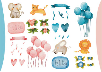 Watercolor Hand Drawn Gender Neutral Vector Baby Shower Elements, clip art. It's a girl, It’s a boy. Baby girl, baby boy greeting card decoration. Baby birth. Vector illustration, Set of baby shower
