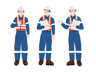 Set of industrial workers in safety uniform holding clipboard, showing thumb up and explaining during inspection or factory supervision.