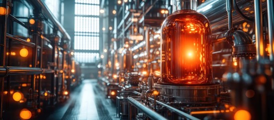 Glowing Industrial Refinery: A Futuristic Vision of Amber Light and Steel