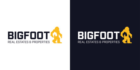 Bigfoot silhouette logo with house in negative space. Real estate and restoration business symbol.