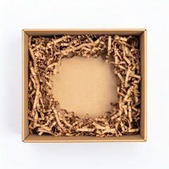 Fototapeta premium A sturdy cardboard box filled with light brown wood chips, showcasing a natural texture and earthy tones, perfect for packaging or crafting projects.