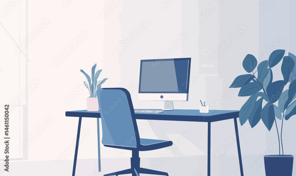 Aufkleber minimalist office desk with computer monitor in blue and gray vector style for modern workspaces