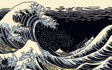 Vintage Japanese Great Wave Illustration in Retro Etching Style for Cultural Themed Art