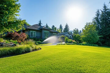 Naklejka premium House with bright green lawn being watered by a sprinkler system. Perfect for real estate, landscaping, or home improvement needs.