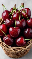 Basket of Lustrous Cherries: A close-up shot presents a natural basket overflowing with ripe, red cherries, their succulent appearance enhanced by fresh dewdrops.