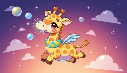 A floating bubble giraffe chibi named “Glubble”, launching rainbow bubbles from its nose, with glowing comic stars around its neck and sky wings.