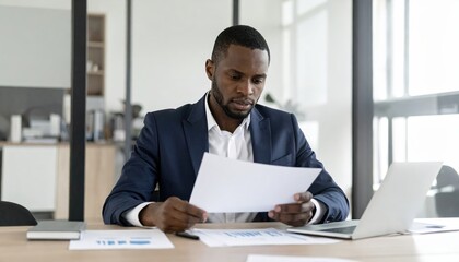 Fototapeta premium A professional man in a tailored suit sits at a sleek wooden desk, surrounded by scattered papers, a laptop, and a coffee mug, deep in thought.