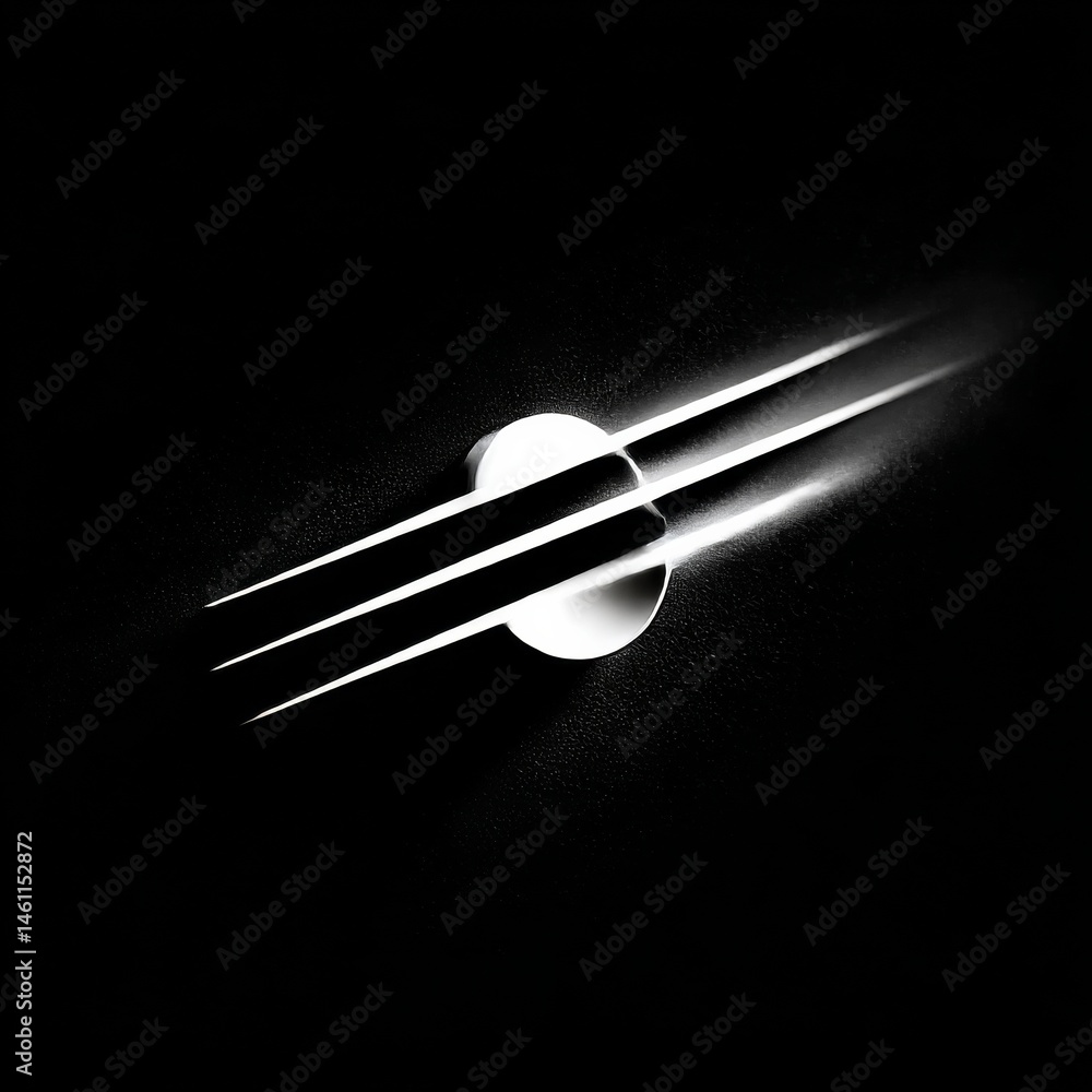 Poster Abstract Minimalism: Luminous Lines and a Gleaming Disc on a Textured Black Canvas, Evoking a Sense of Speed and Depth
