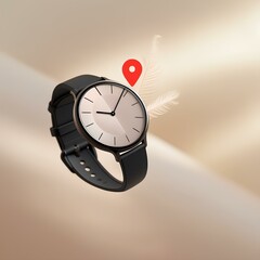 Smartwatch lying flat with a glowing map pin above it,