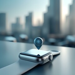 "Smartwatch with 3D GPS pin floating above, subtle shadows and a blurred cityscape background
