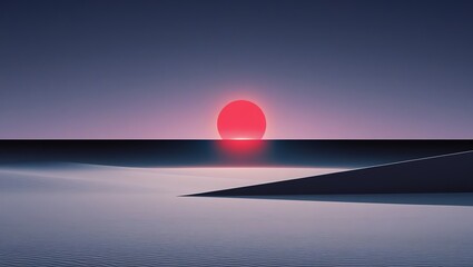 A minimalist desert landscape at dusk, featuring a perfectly round crimson sun hovering above a sharp geometric dune, casting a long shadow across the sand