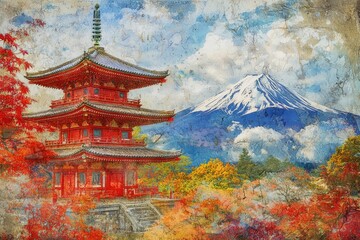 Obraz premium Japanese Pagoda and Mount Fuji. Autumnal scene