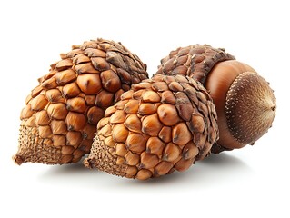 Close up of three nuts against a plain background.