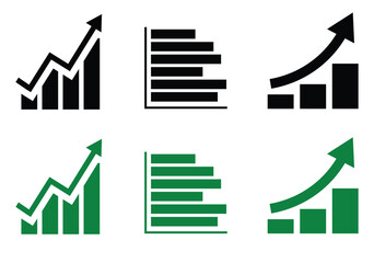 Check-mark bar growth chart, Stacked horizontal bar chart, Steady bar growth with arrow black and white icon set