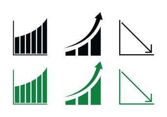 Curved upward bar chart, Exponential growth chart, Declining linear graph black and white icon set