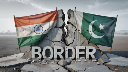 India Pakistan Border Conflict Cracked Earth and Barbed Wire Photo realistic Illustration

