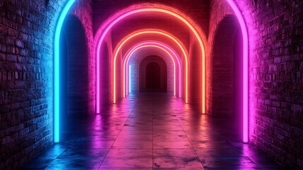 Fototapeta premium A vibrant neon tunnel, illuminated by glowing arches.