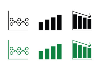 Flat line graph, Basic vertical bar chart, Declining bar graph with arrow black and white icon set