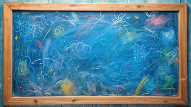 A blue chalkboard with various scribbles and scratches in different patterns and colors, creating a dynamic and playful visual effect , abstract, chalkboard